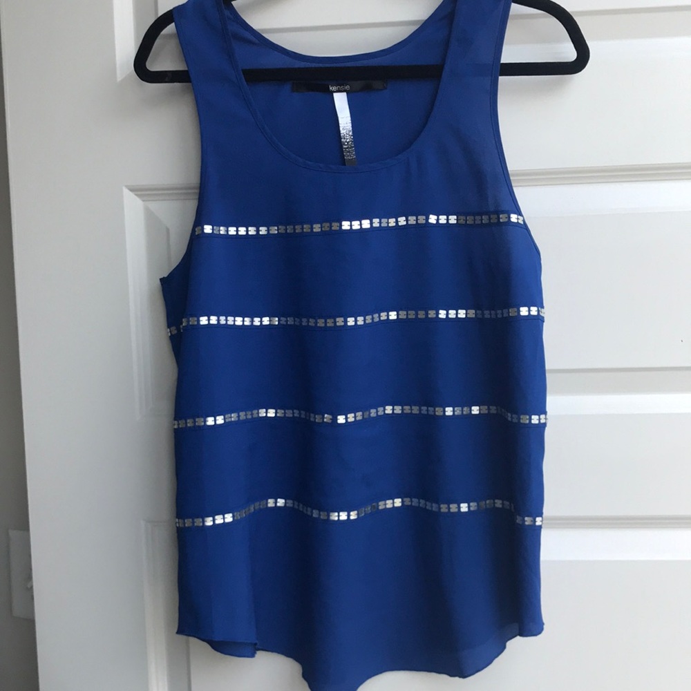 Kensie Blue Tank with silver sequin stripes